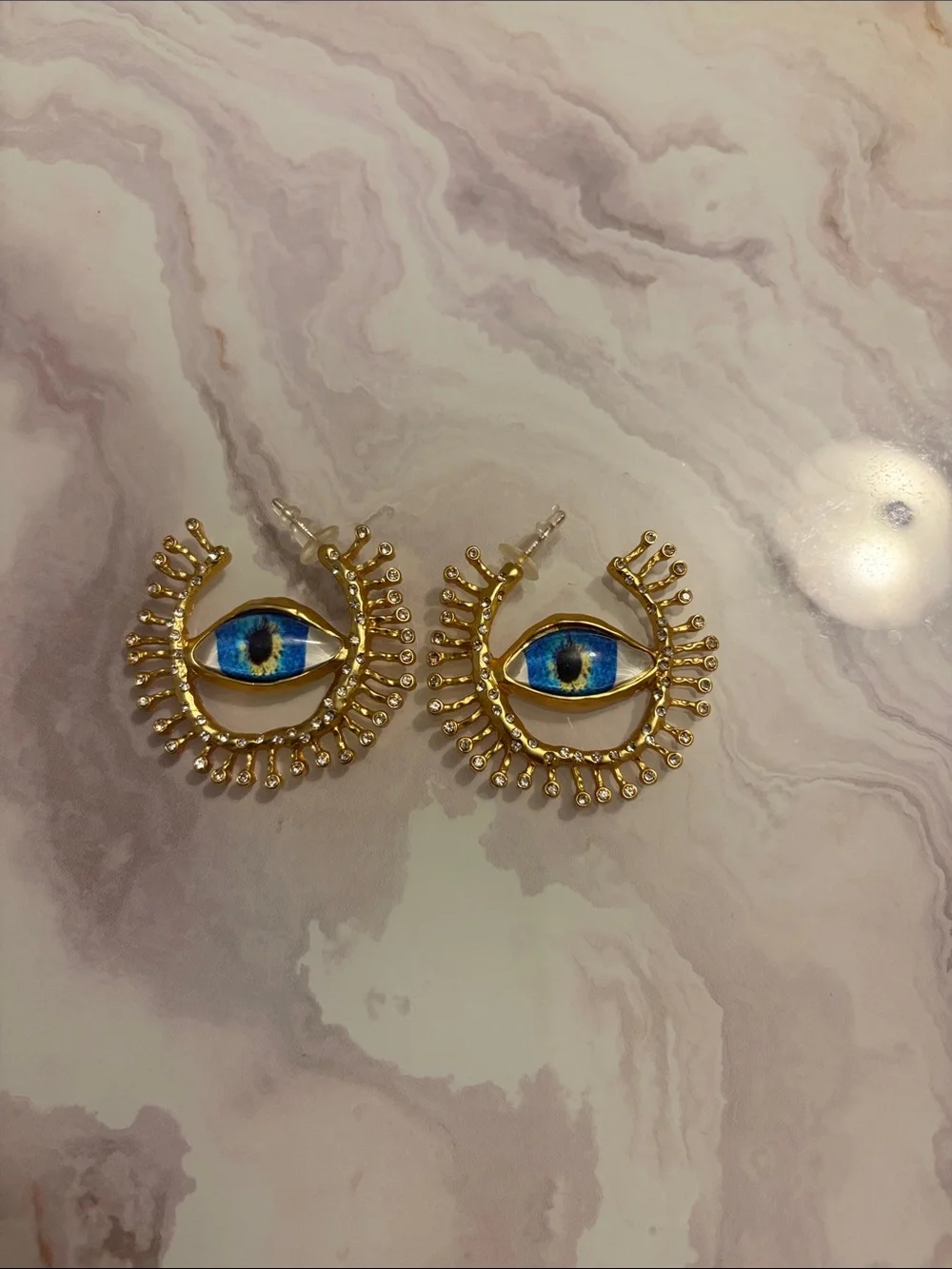 Gold Eye Statement Earrings with Blue Iris